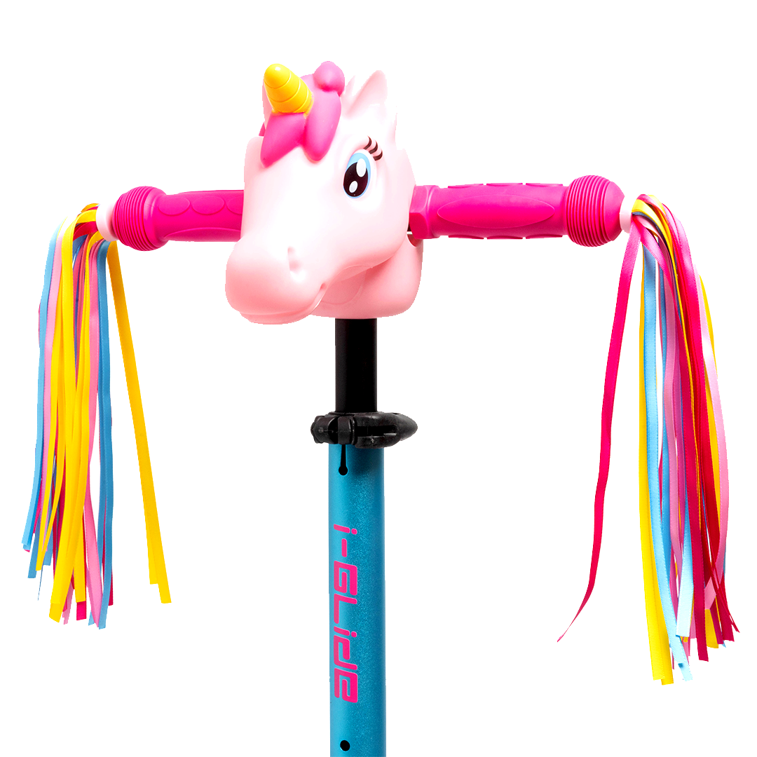 I-GLIDE 3 Wheel Kids Scooter Pink/Aqua with Unicorn Head and Ribbons