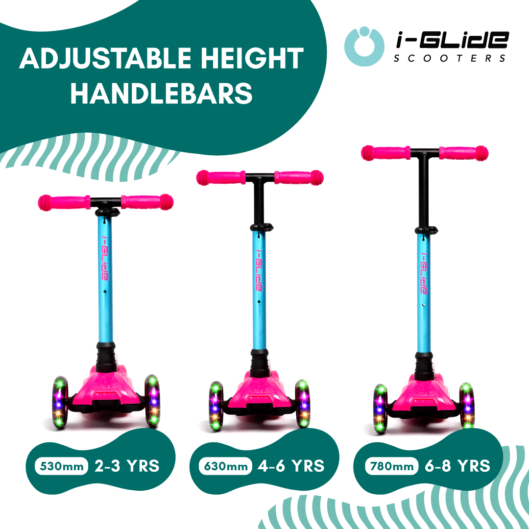 I-GLIDE 3 Wheel Kids Scooter Pink/Aqua with Unicorn Head and Ribbons