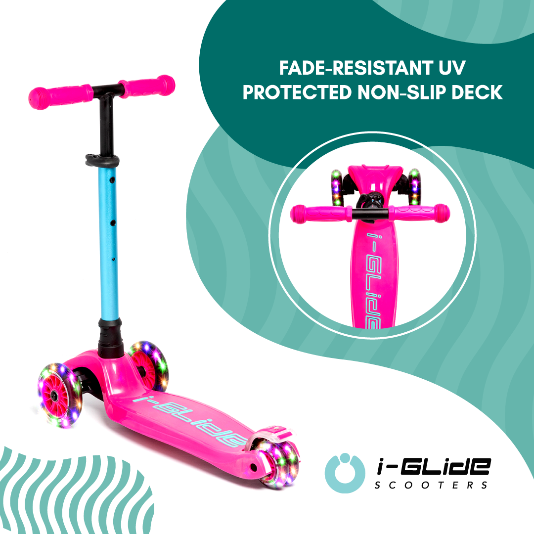 I-GLIDE 3 Wheel Kids Scooter Pink/Aqua with Unicorn Head and Ribbons
