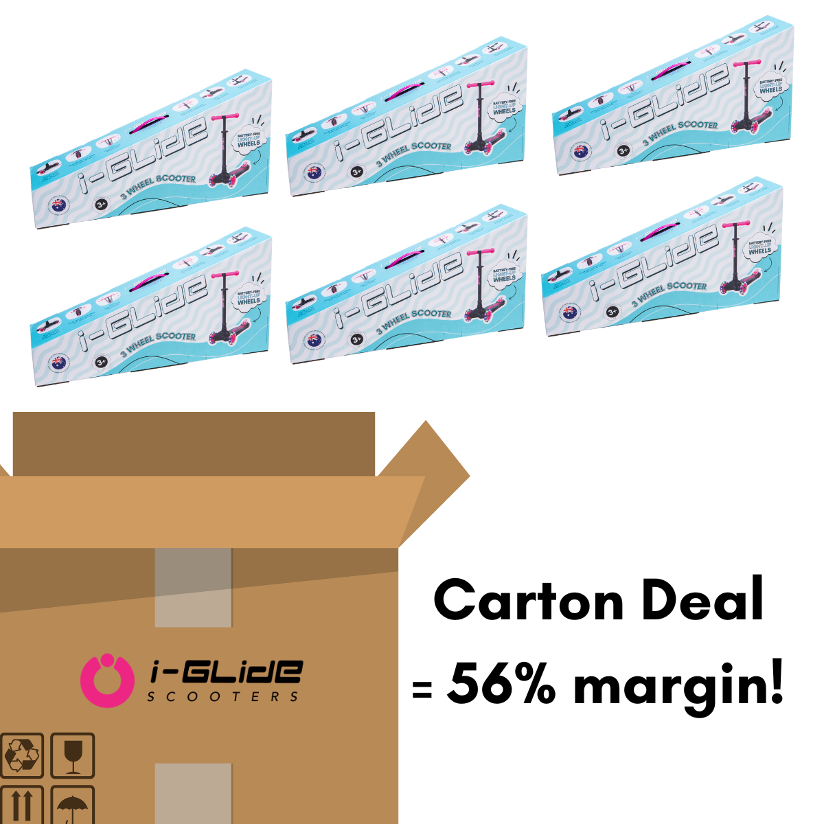 I-GLIDE 3-Wheel Kids Scooter CARTON OF 6 - Black/Pink