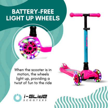 I-GLIDE 3 Wheel Kids Scooter Pink/Aqua with Unicorn Head and Ribbons